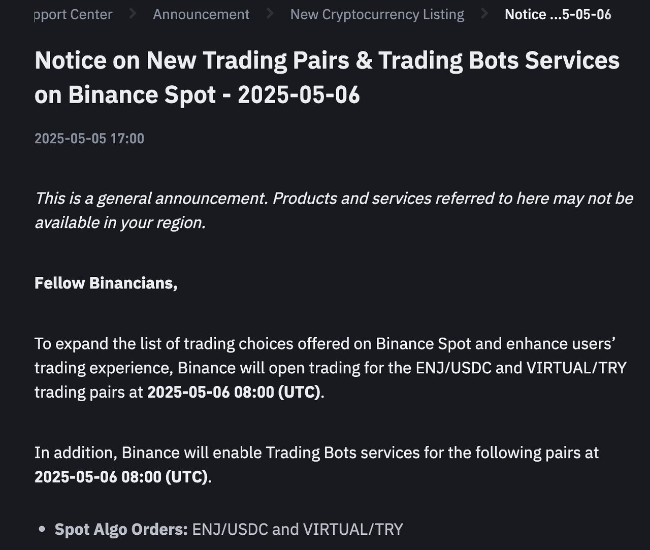 Binance thông báo niêm yết các cặp giao dịch spot mới vào ngày 6/5 - Ảnh
